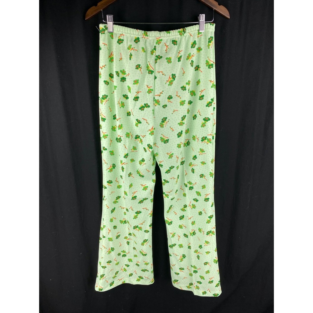 70s Vtg Elastic Waist Flare Bell Bottom Knit Printed Pants St Pattys Clover OOAK